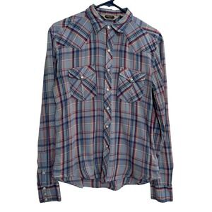 Salt Valley Western Button Down Shirt Mens Small Flannel Plaid Blue Pearl Snap